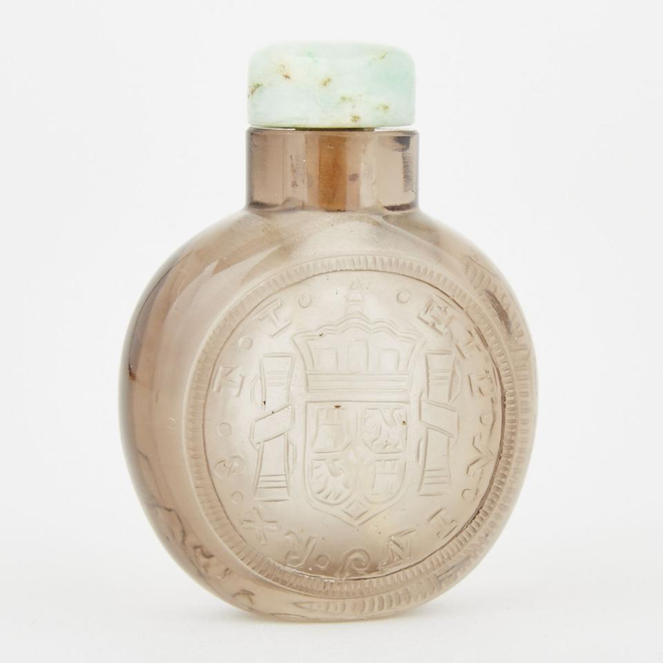A Carved Smoke Rock Crystal ‘Coin’ Snuff Bottle, 18th/19th Century