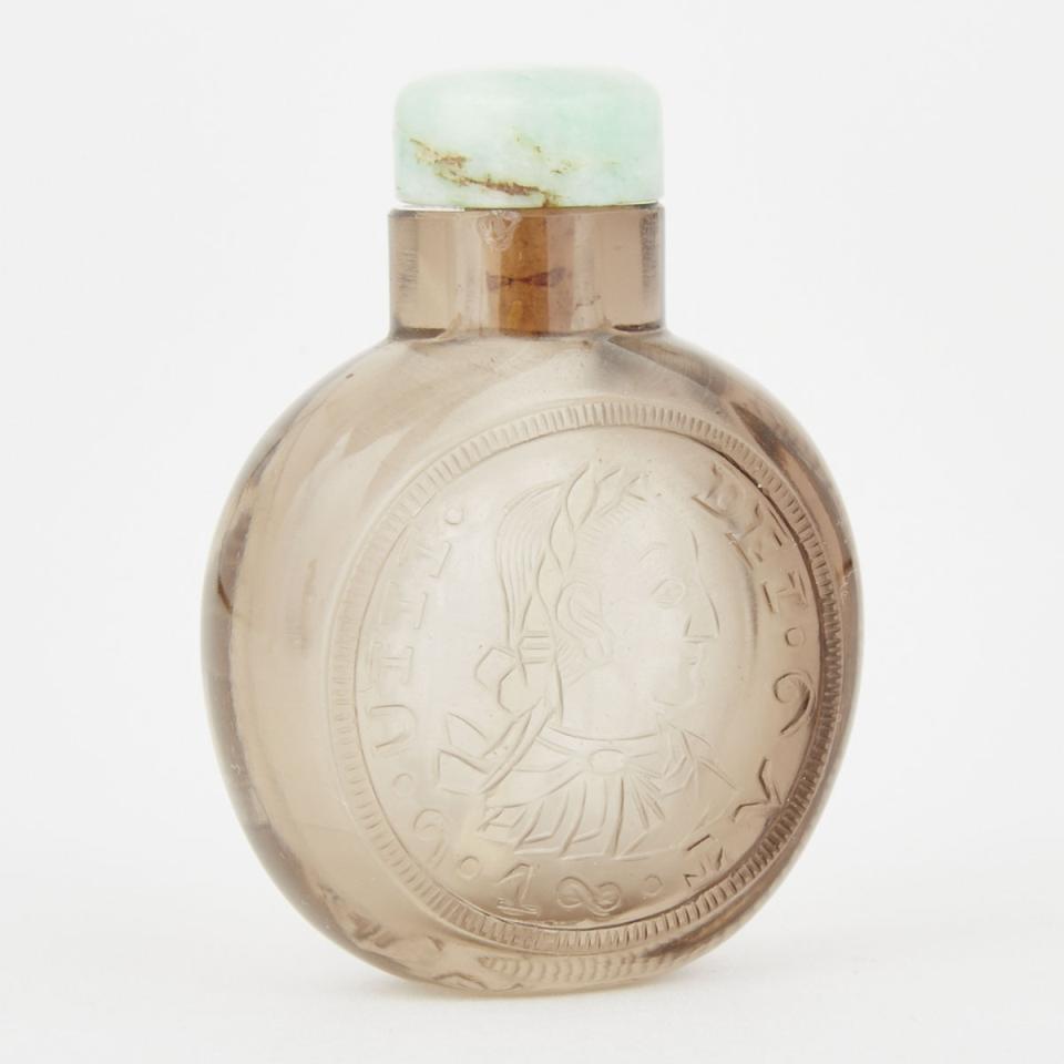 A Carved Smoke Rock Crystal ‘Coin’ Snuff Bottle, 18th/19th Century