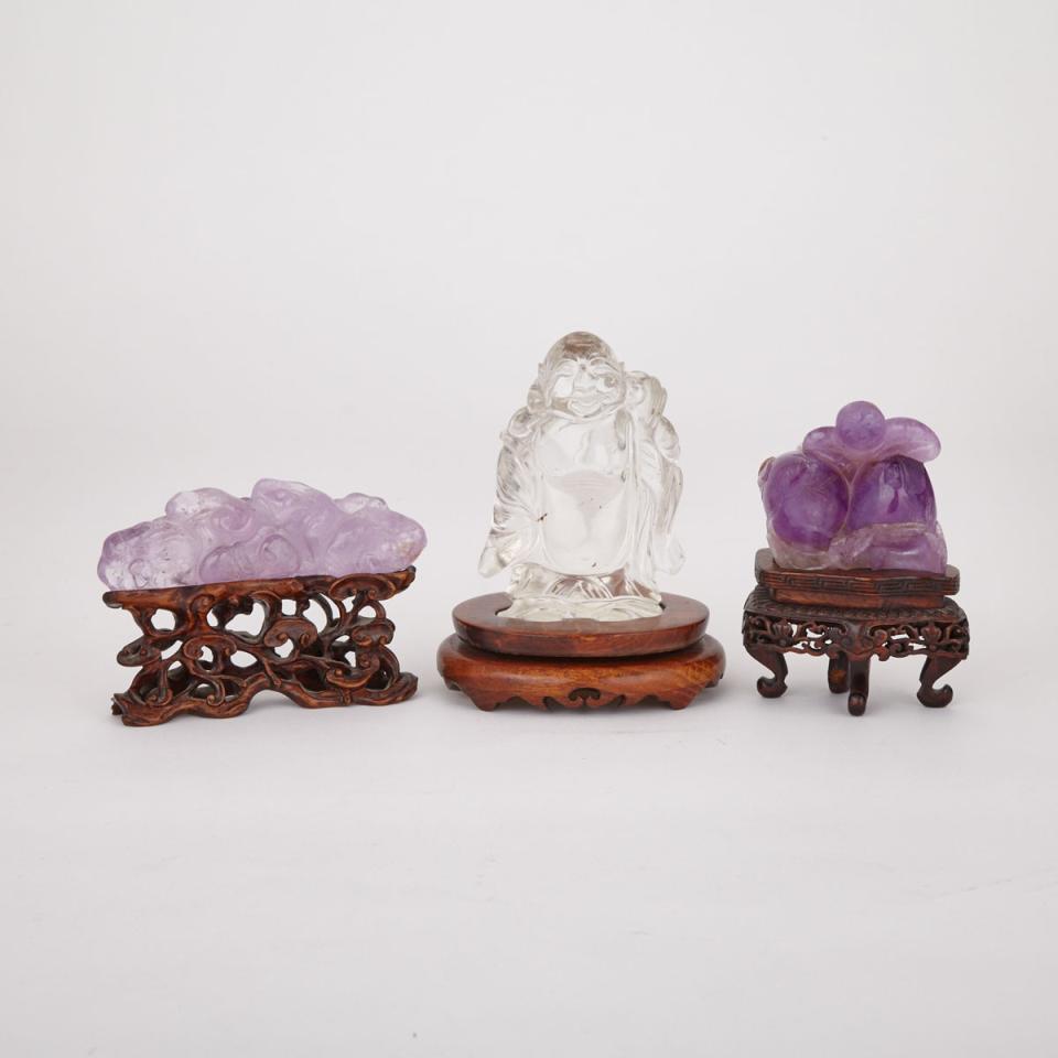 Two Carved Lavender Crystal and a Rock Crystal Budai, 19th/20th Century