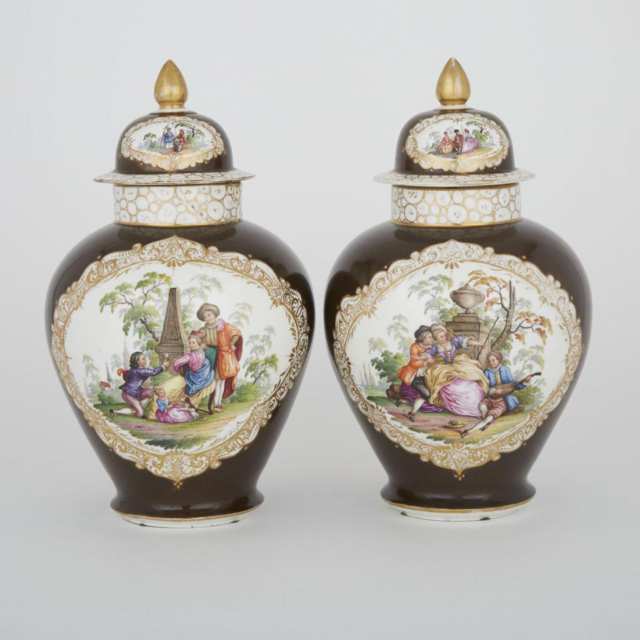 Pair of Helena Wolfsohn Dresden Vases and Covers, late 19th century