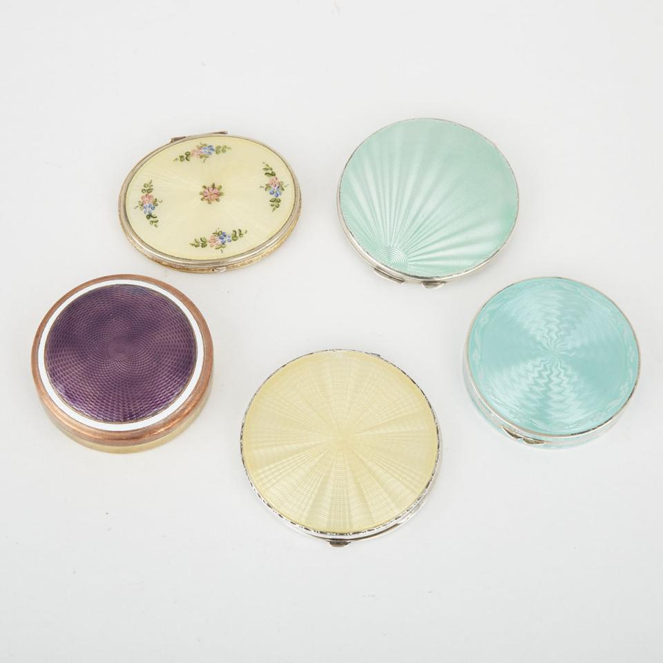 Five Enameled Silver and Mixed Metal Compacts, 20th century