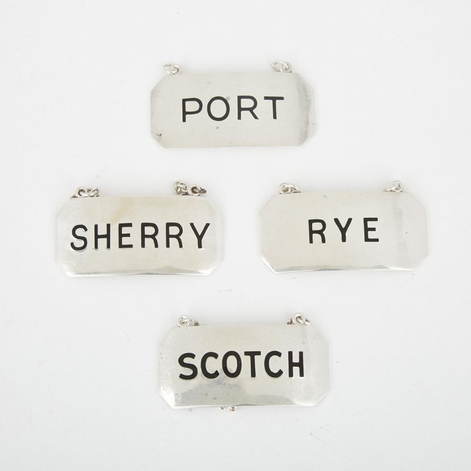 Four Canadian Silver Wine and Spirit Labels, Roden Bros, Toronto, Ont., early 20th century