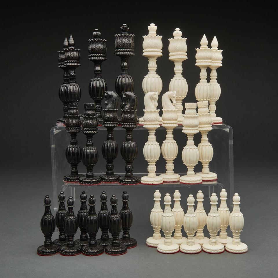 Large Indian Turned and Carved  Bone ‘Melon’ Form Chess Set, mid 20th century