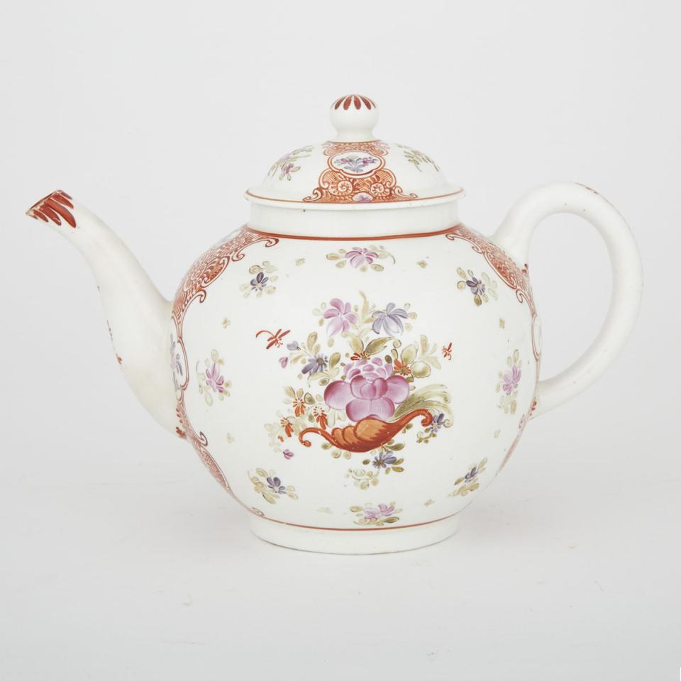 Lowestoft Polychrome Decorated Globular Teapot and Cover, c.1780