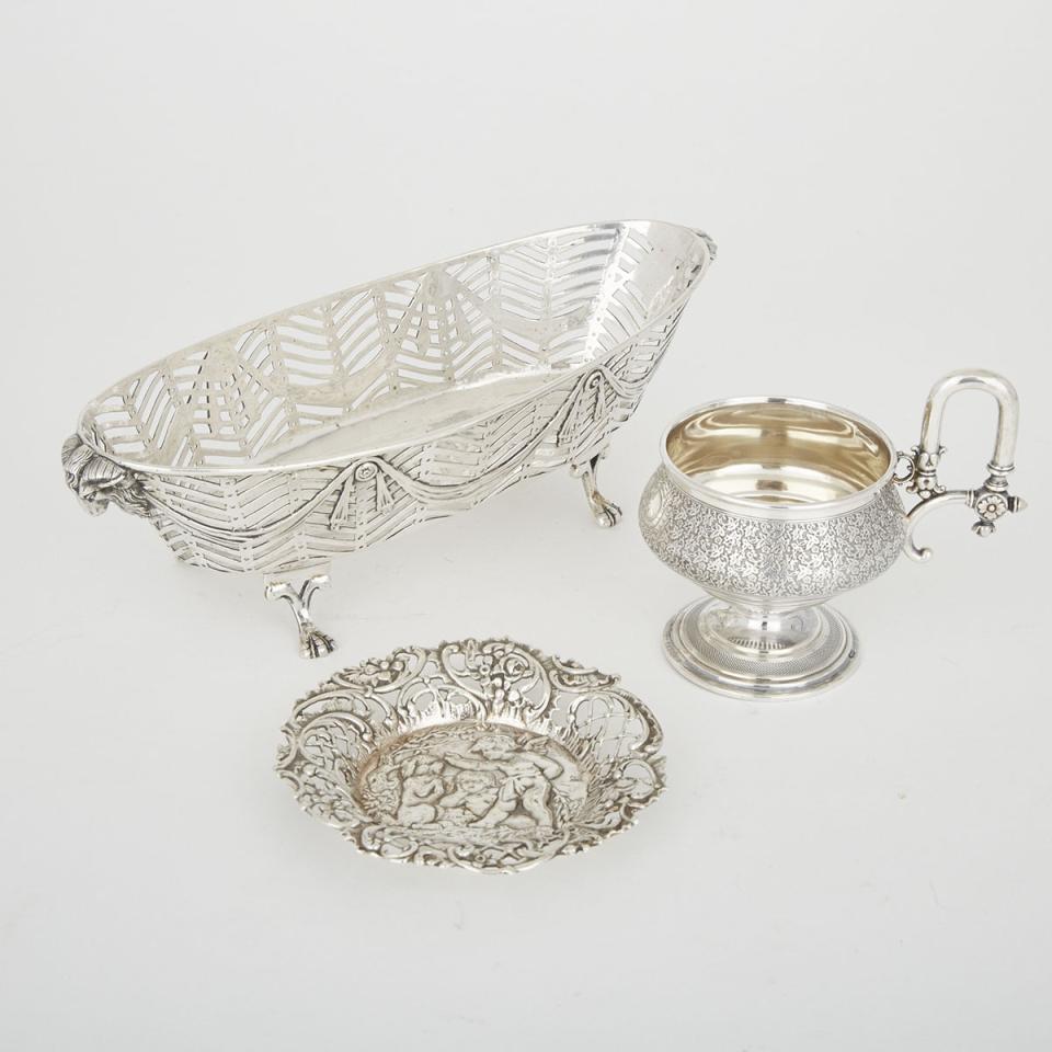 German Silver Pierced Oval Basket, Cup and a Small Dish, late 19th/early 20th century