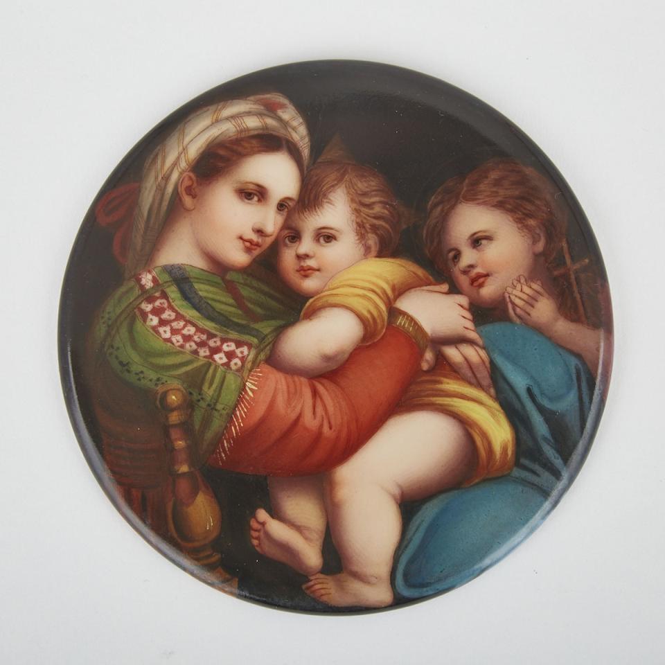 Italian Porcelain Circular Plaque of ‘Madonna della Sedia’, after Raphael, early 20th century