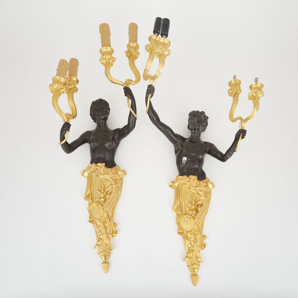 Large Pair of Gilt and Patinated Bronze Figural Two Light Wall Sconces, 20th century