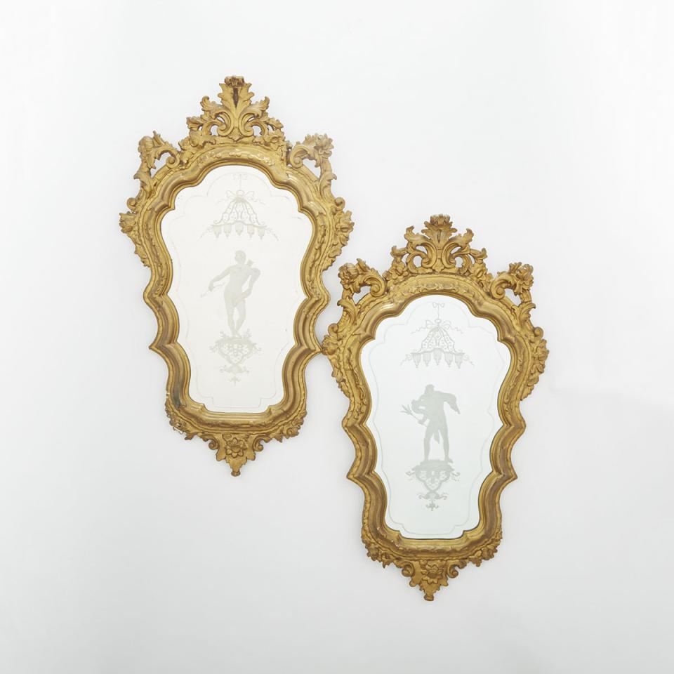 Pair of Venetian Giltwood Etched Glass Mirrors, c.1900