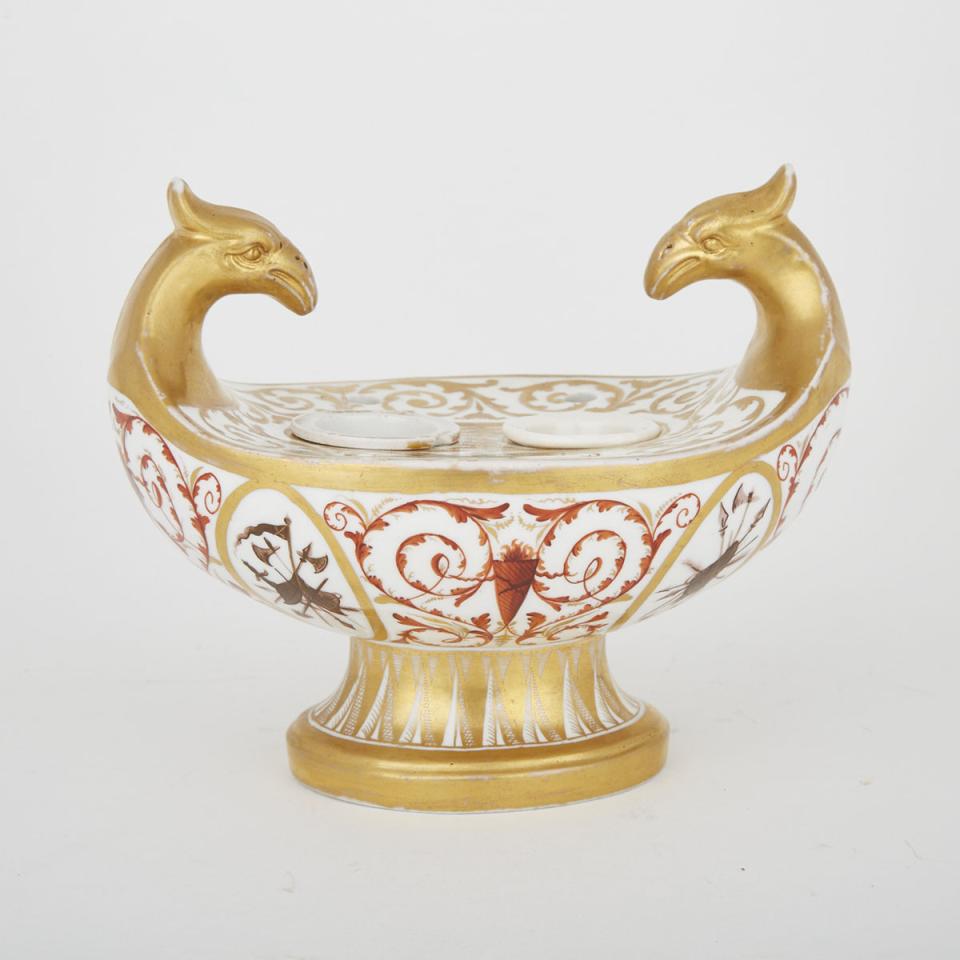 English Porcelain Double Eagle Head Oval Inkstand, early 19th century