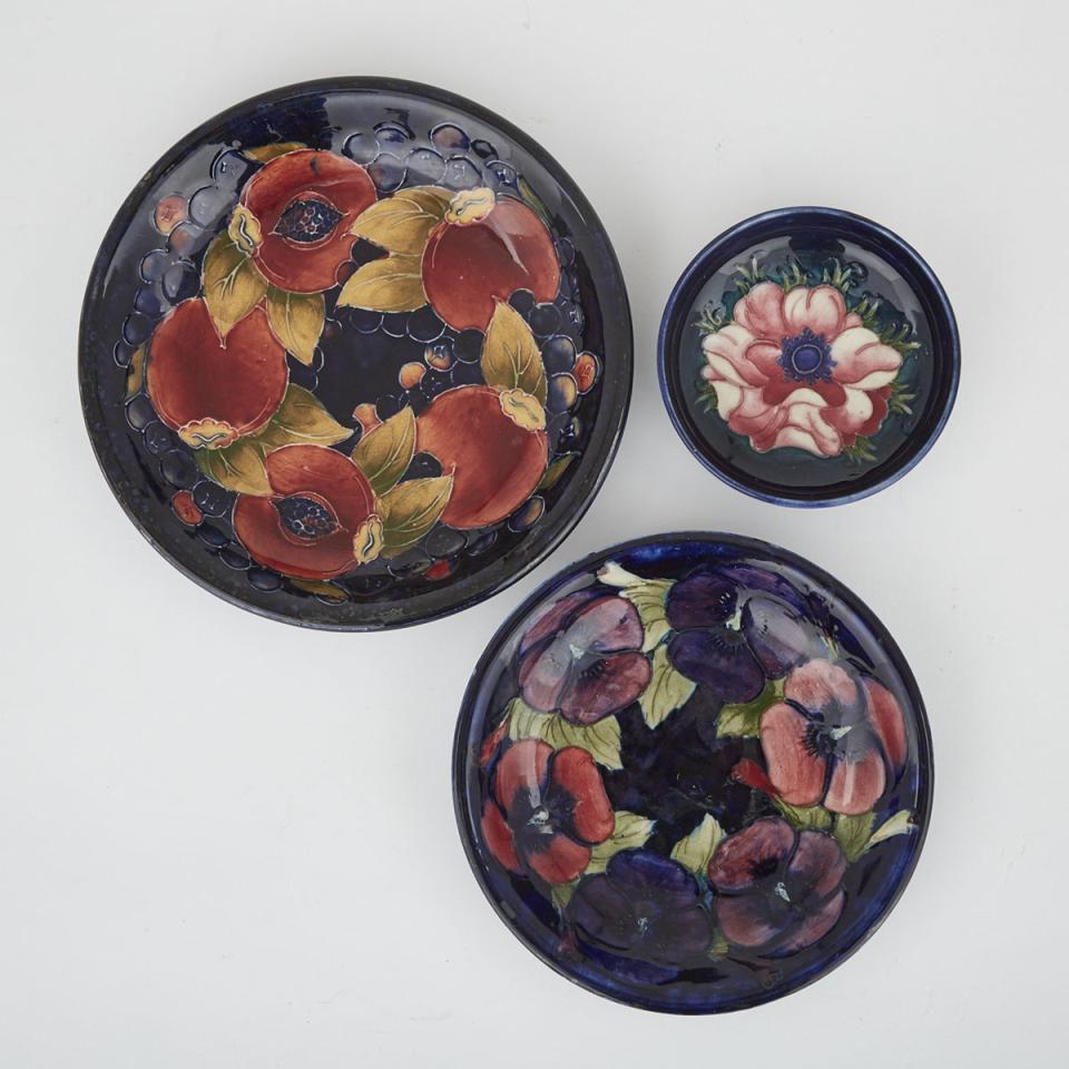 Moorcroft Pomegranate Plate, Pansy Plate and Anemone Small Bowl, 20th century