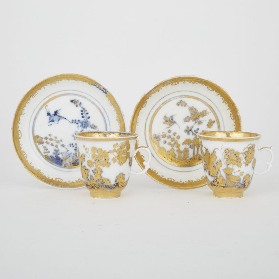 Pair of Meissen Underglaze Blue and Gilt Decorated Coffee Cups and Saucers, 18th century