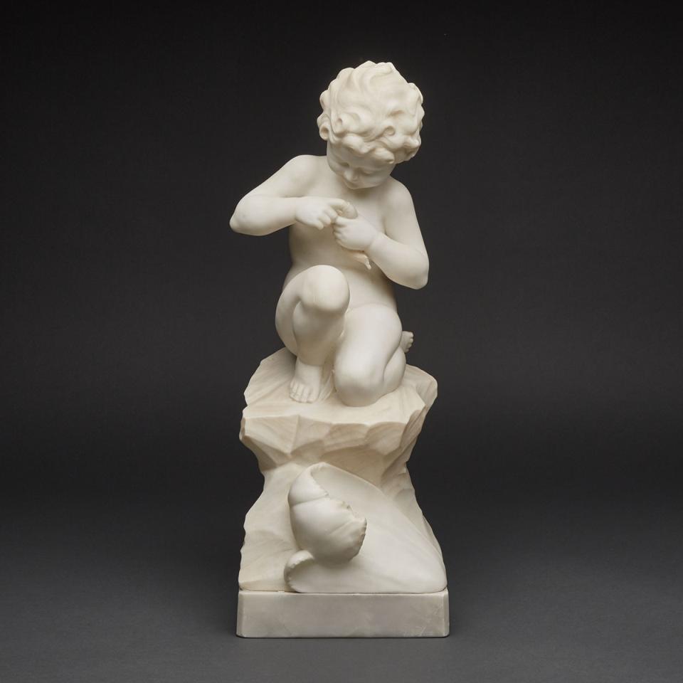 Italian Carved Alabaster Figure of a Young Boy with a Fish, early 20th century