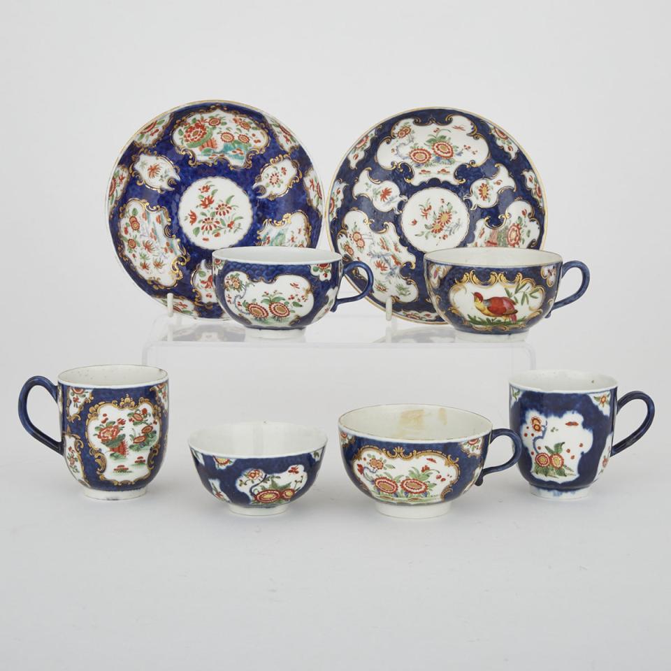 Five Worcester Blue Scale Ground Cups, Tea Bowl and Two Saucers, c.1770-75