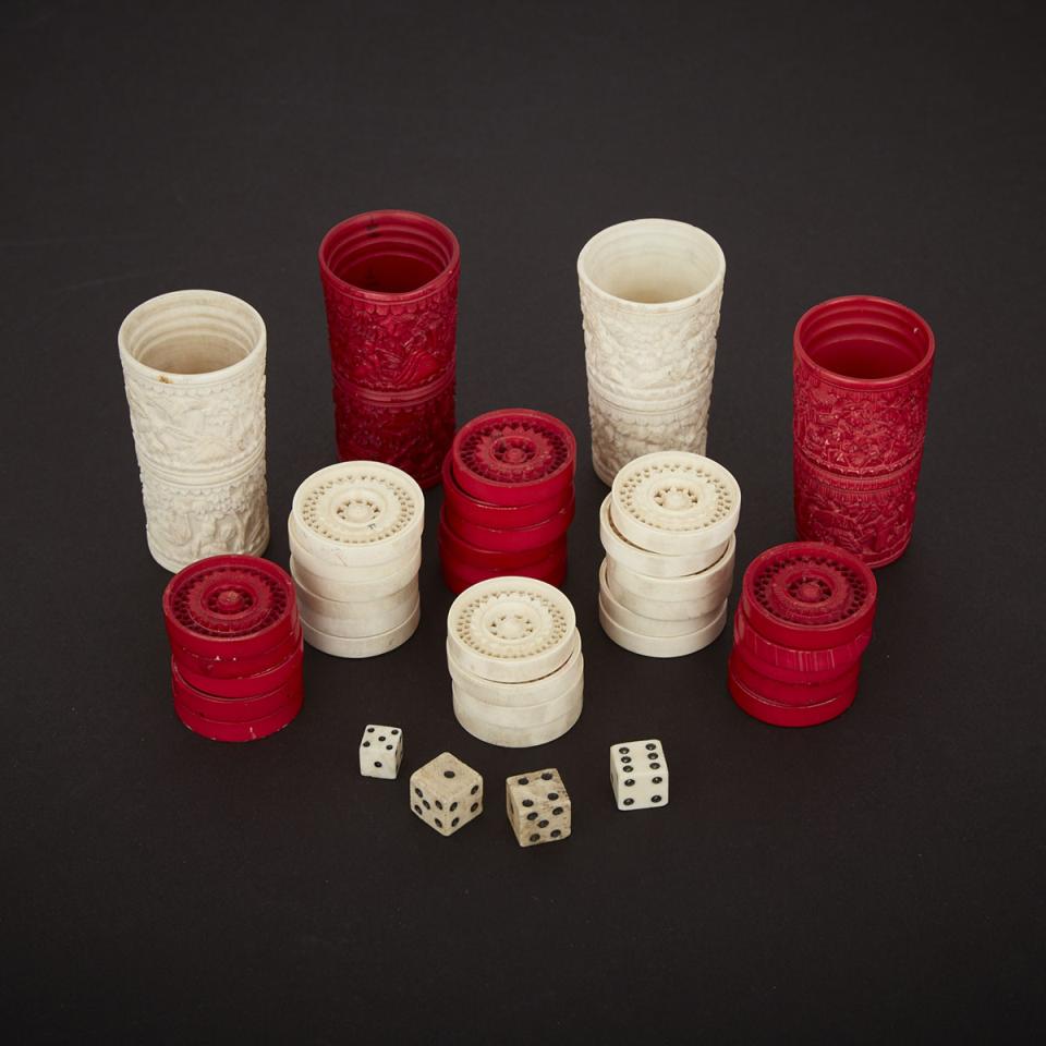 Set of 32 Chinese Export Pierced Ivory Backgammon Counters with Four Cups, c.1860