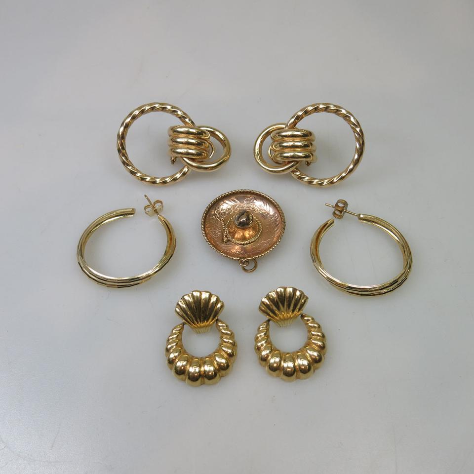 Three Pairs Of 14k Yellow Gold Earrings