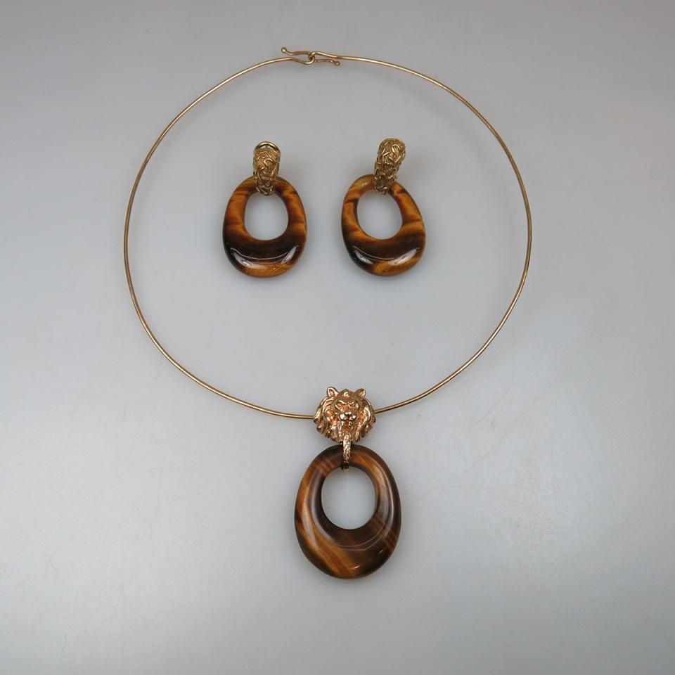 14k Yellow Gold Collar Necklace, Pendant And Earrings