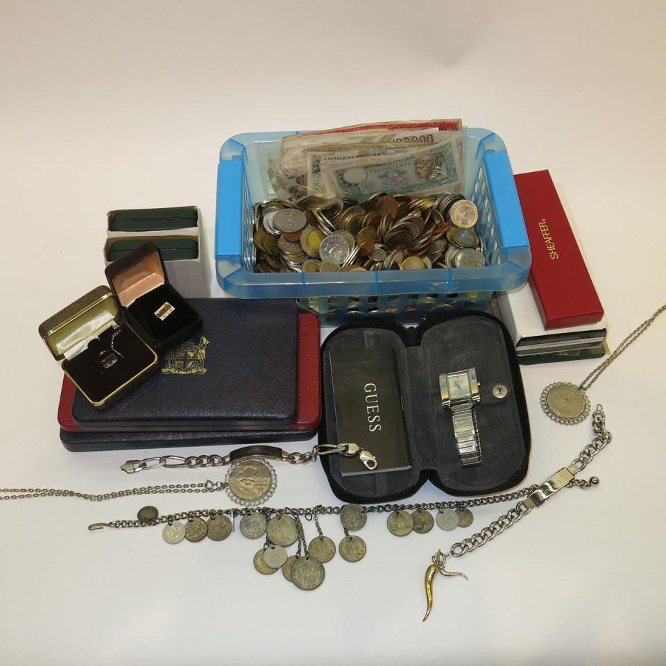 Quantity Of Foreign Coins, Bank Notes, Pens, Jewellery, Etc