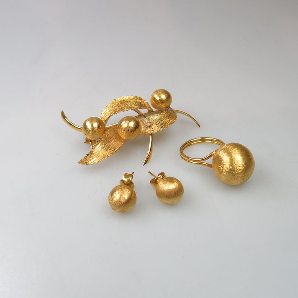 14k Yellow Gold Brooch, Earrings and Ring