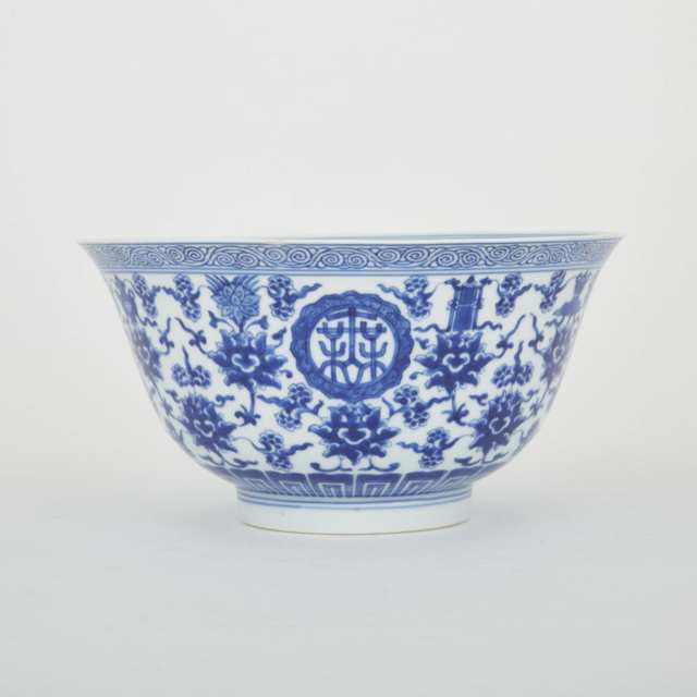 A Finely Painted Blue and White ‘Wan Shou Wu Jiang’ Deep Bowl, Qianlong Mark and of the Period (1736-1796)