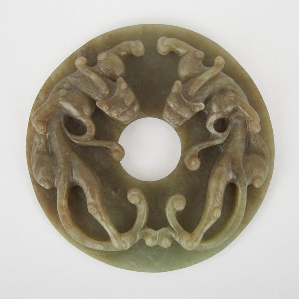 A Deep Green Jade Bi-Disc with Chilongs, 19th Century