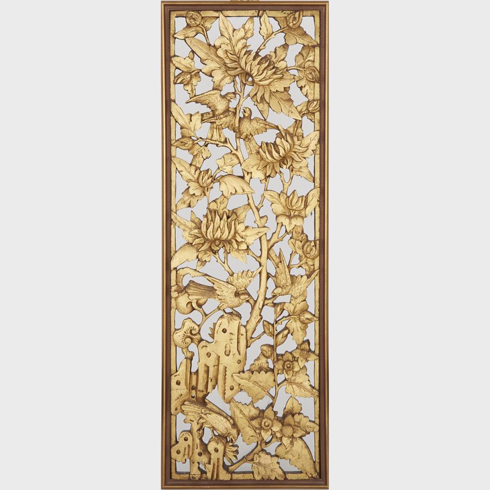 A Flowers and Birds Gilt Wood Panel, 19th Century