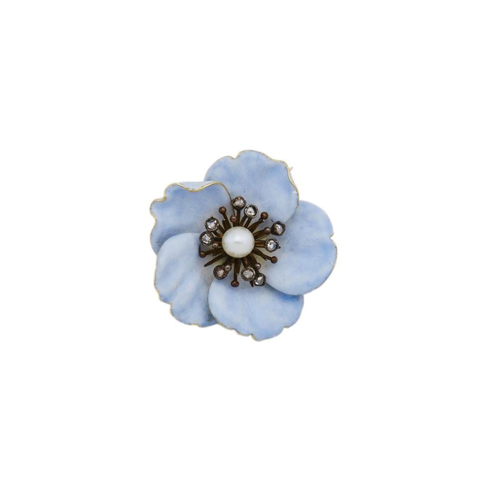 French 18k Yellow Gold And Enamel Floral Pin