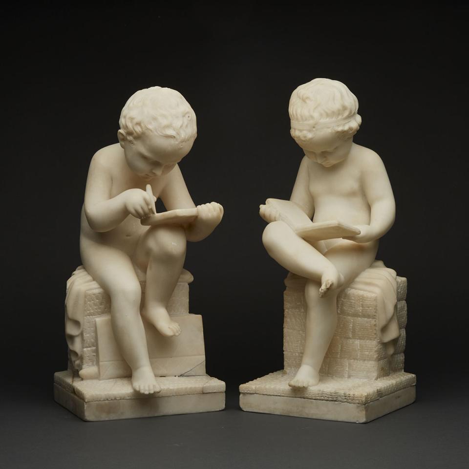 Pair of Italian Alabaster Figures Allegorical Figures of Reading and Writing, 19th century