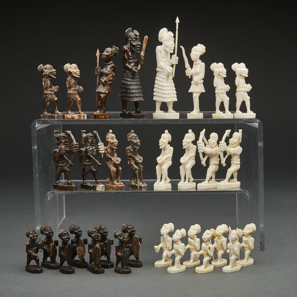 African Ivory Figural Tribal Chess Set, early 20th century
