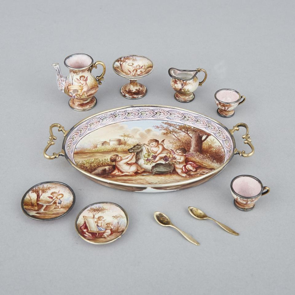 Viennese Silver and Painted Enamel Miniature Tea Service, Ludwig Politzer, Vienna, late 19th century