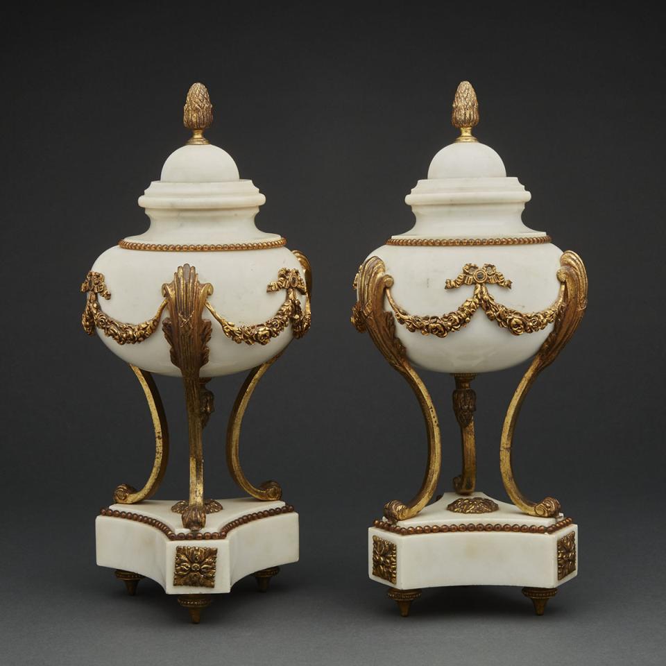 Pair of Louis XVI Style Ormolu Mounted White Marble Cassolettes, 19th century