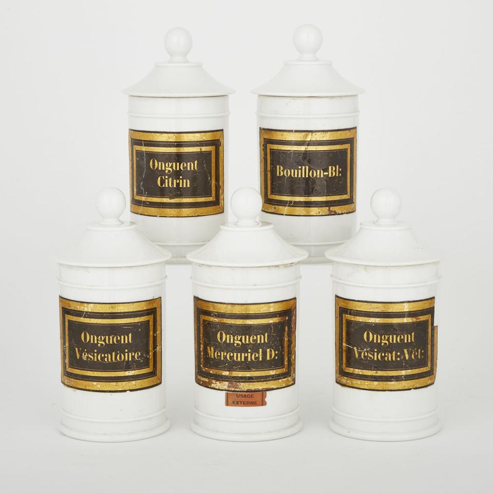 Set of Five French Porcelain Apothecary Jars, 19th century