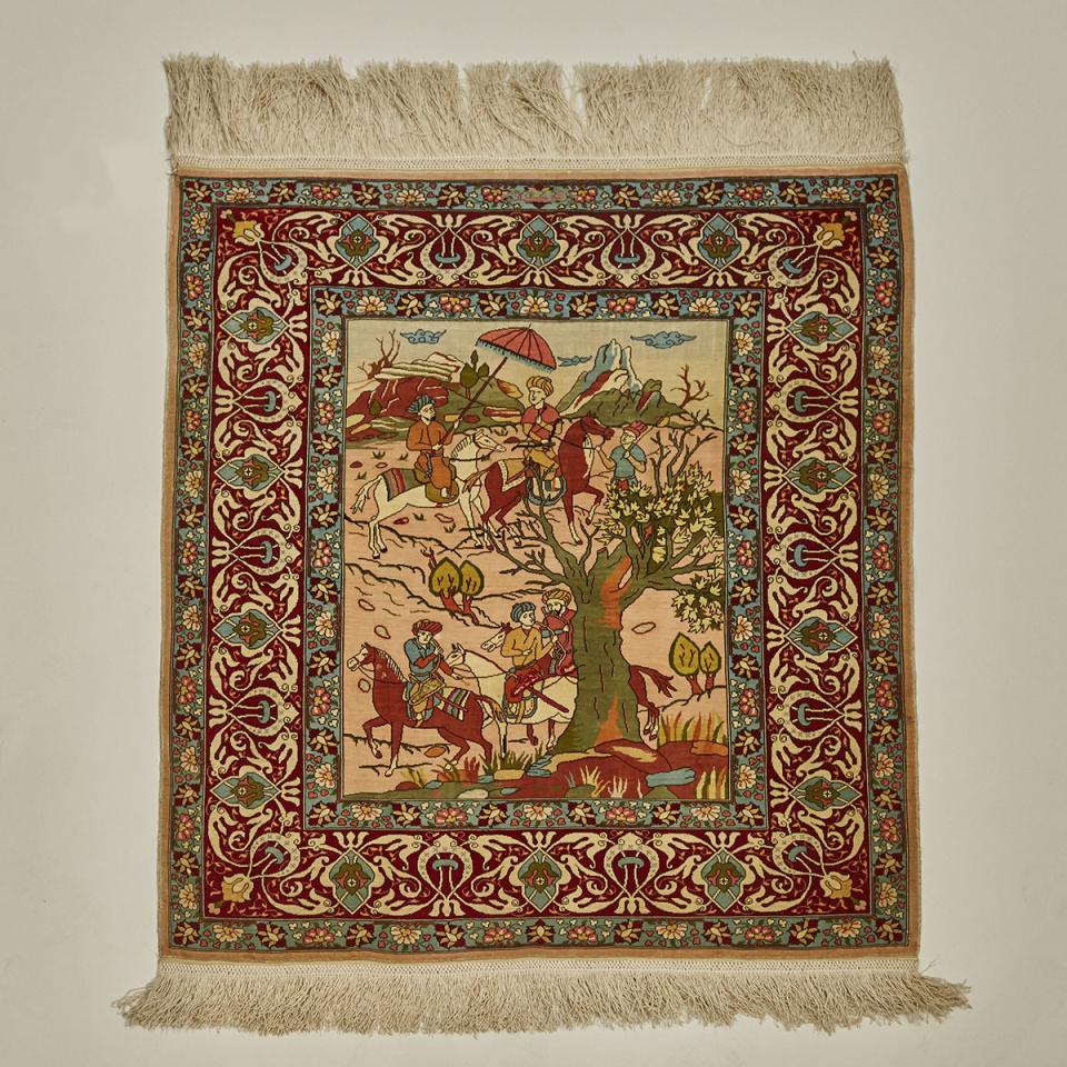 Hereke Super Fine Silk and Metallic Thread Pictorial Rug, Turkey, late 20th century