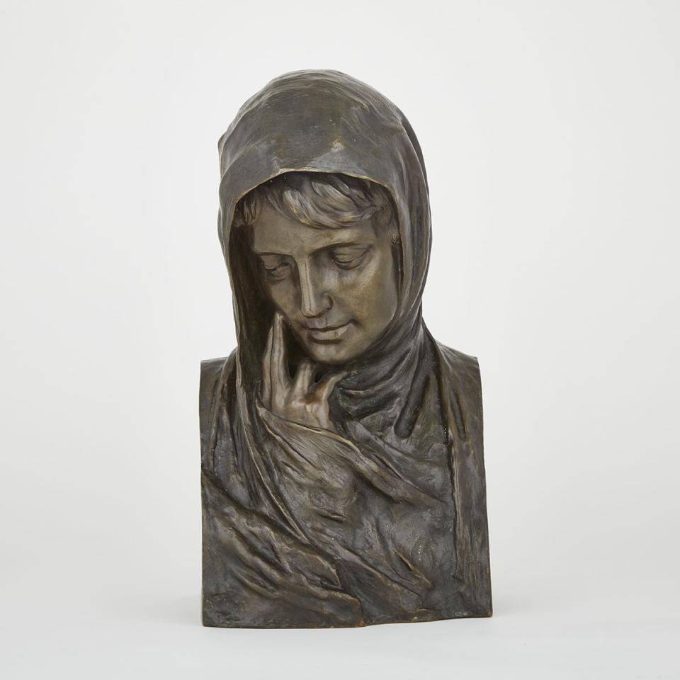 French Patinated Bronze Bust of a Young Woman, C. D’Amore (fl. early 20th century)