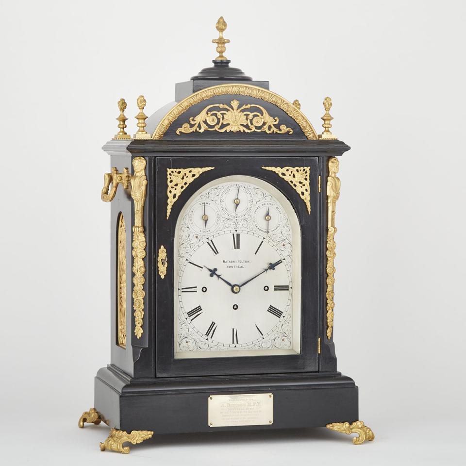 Large George III Style Ormolu Mounted Ebonized Bracket Clock, London, 1885