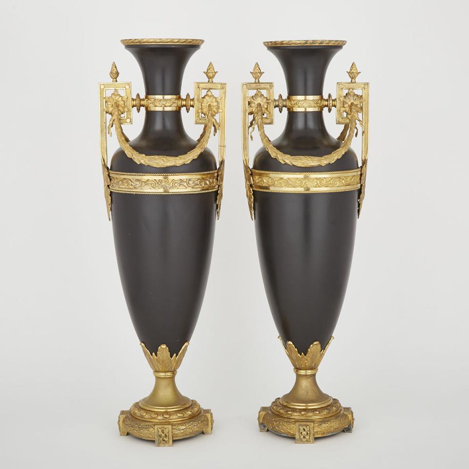 Large Pair of French Empire Style Patinated and Gilt Bronze Vases, 20th century