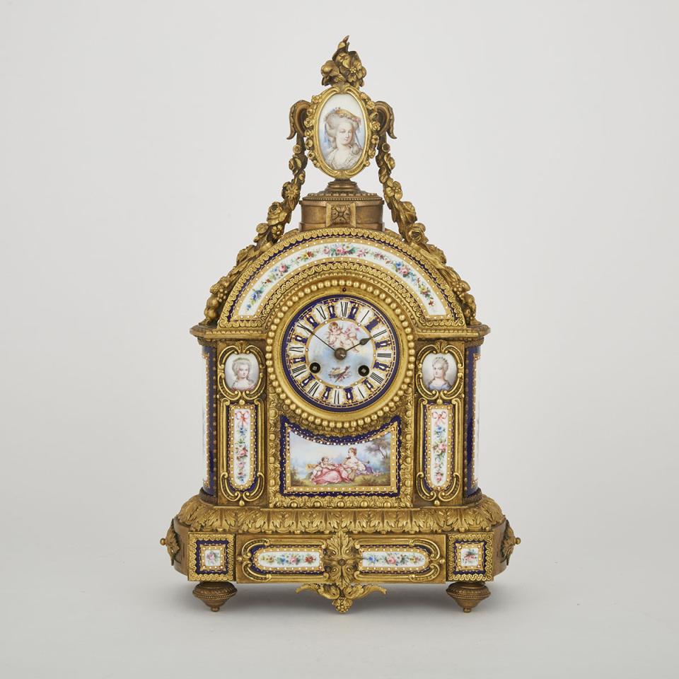 Napoleon III Sevres Porcelain Mounted Gilt Bronze Mantle Clock, 19th century