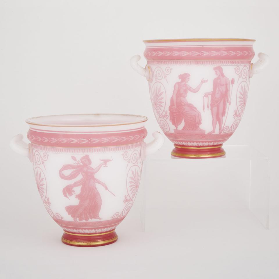 Pair of Baccarat Pink Opaline Cameo Glass Two-Handled Vases, c.1870