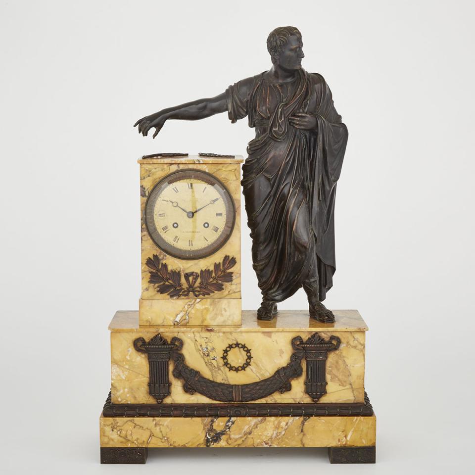 French Empire Bronze Mounted Sienna Marble Figural Mantle Clock, c.1820