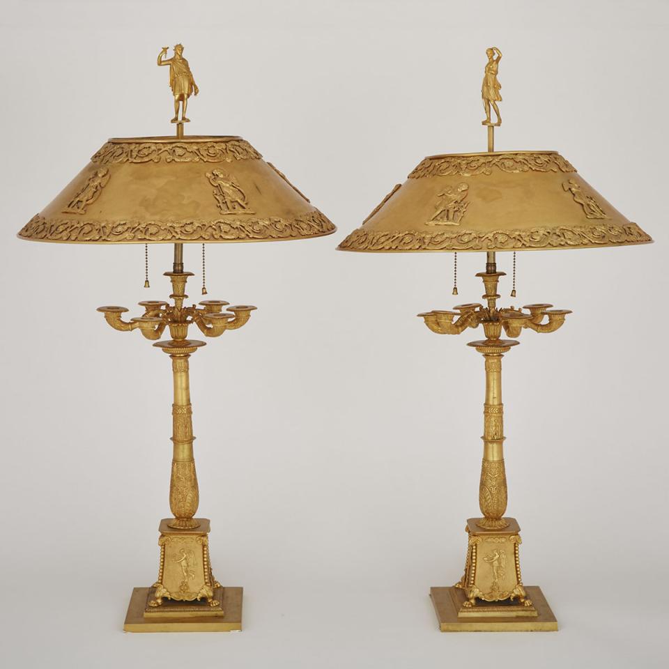 Pair of French Empire Gilt Bronze Bouillotte Table Lamps, early-mid 19th century
