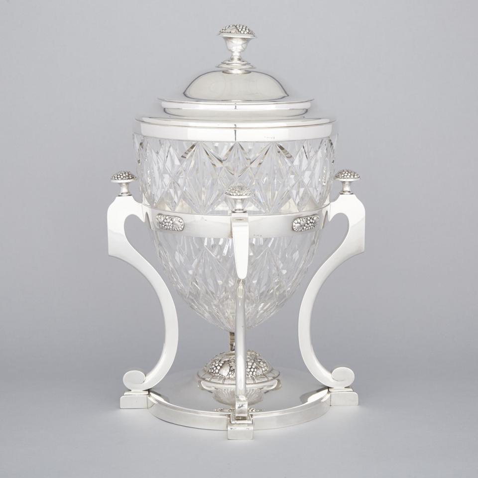 German Silver and Cut Glass Covered Urn, Theodore Müller, Weimar, 20th century
