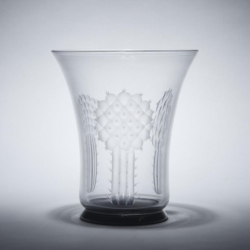 Stevens & Williams Brierley Engraved ‘Cactus’ Glass Vase, Keith Murray, 1930s
