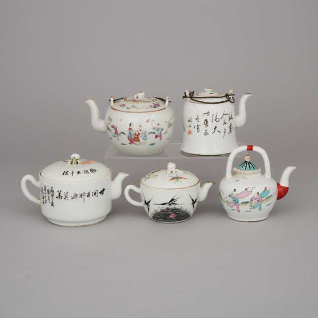 A Group of Five Famille Rose Teapots, Republican Period