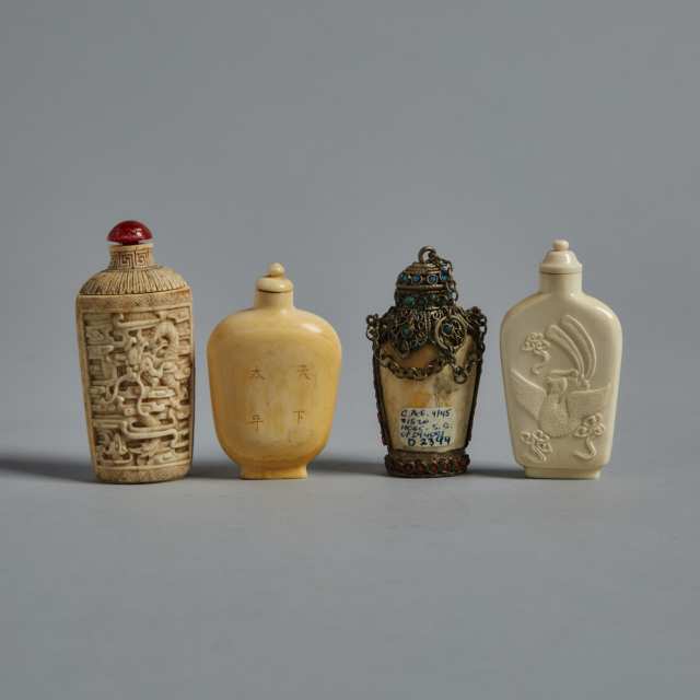 A Group of Four Ivory and Bone Carved Snuff Bottles, Early 20th Century