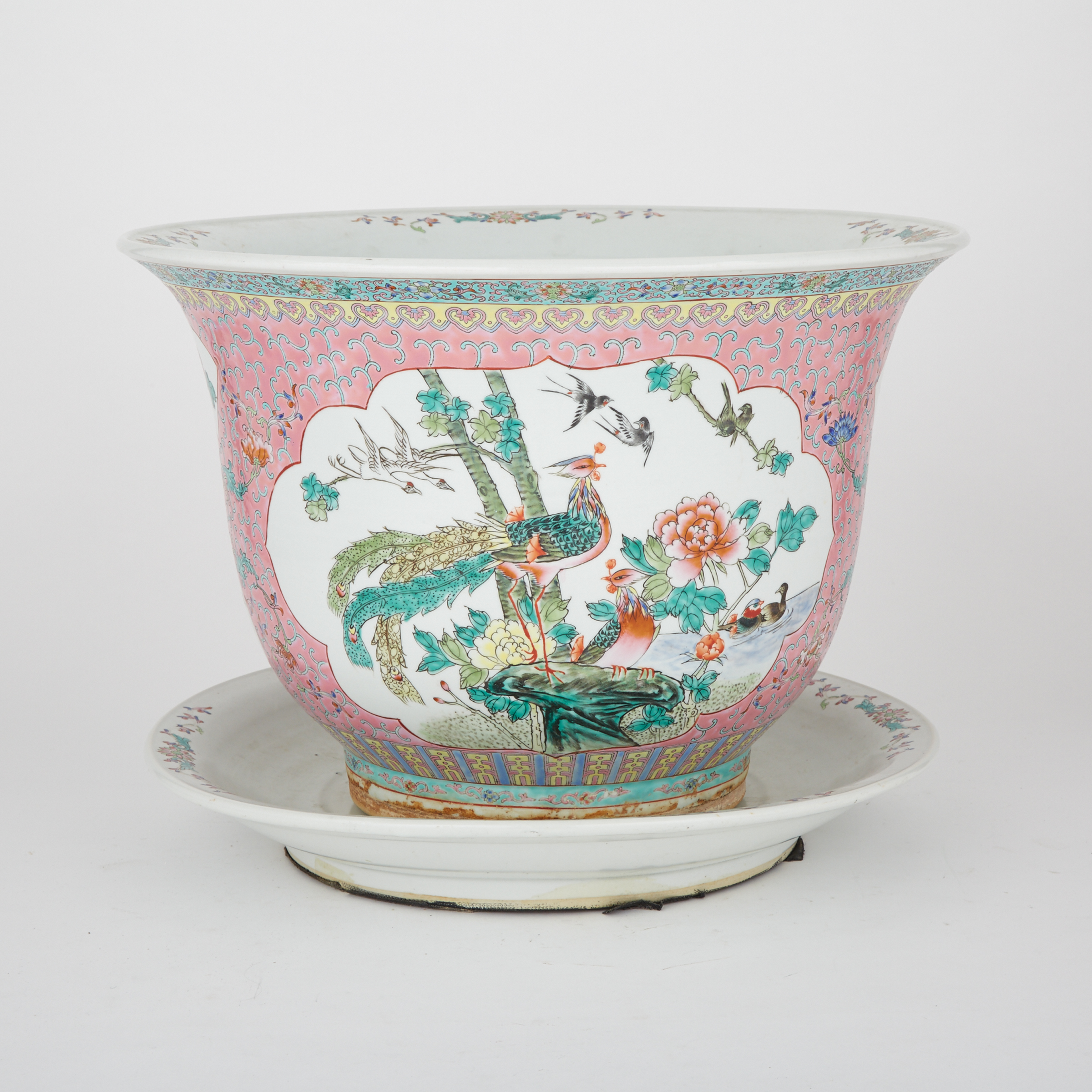 A Famille Rose Jardinière and Saucer, 20th Century