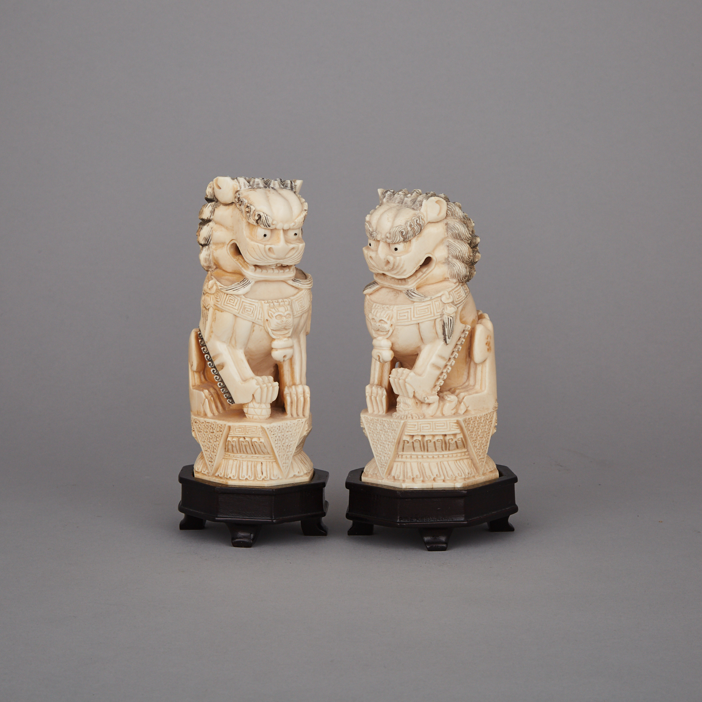 A Pair of Ivory Carved Fu-Lions