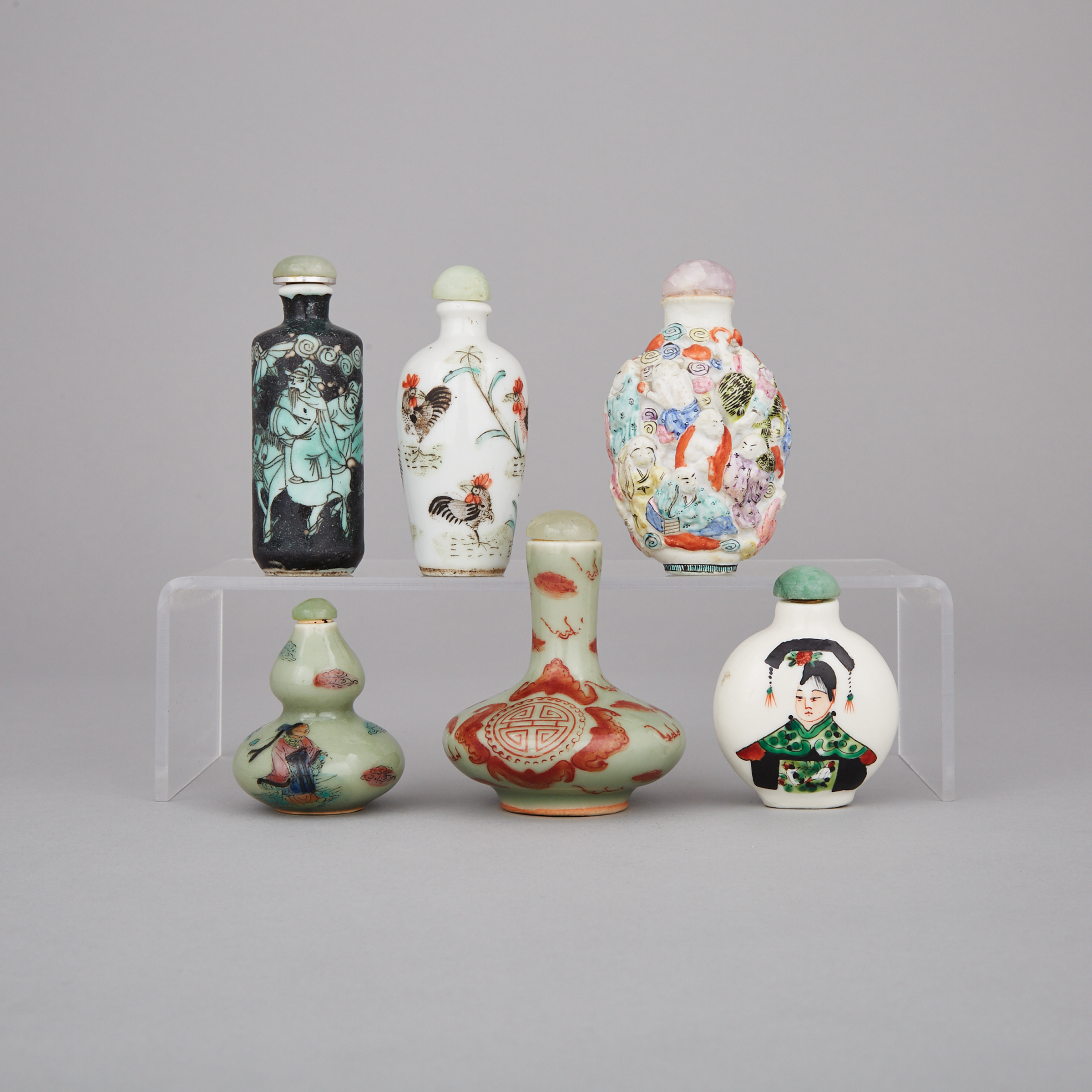 A Group of Six Painted Porcelain Snuff Bottles