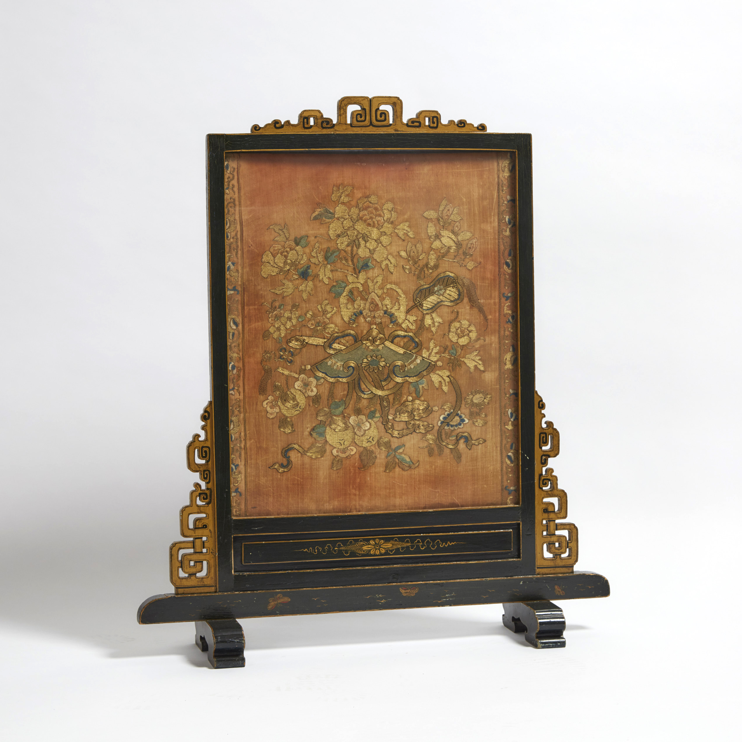 A Chinese Silk Embroidered Tapestry Mounted as a Fire Screen, 19th Century