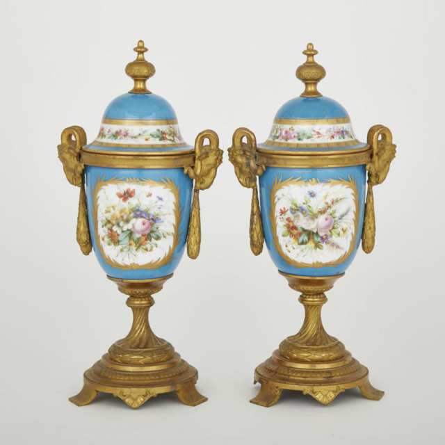 Pair of Gilt Bronze Mounted ‘Sèvres’ Blue Ground Vases and Covers, late 19th century 
