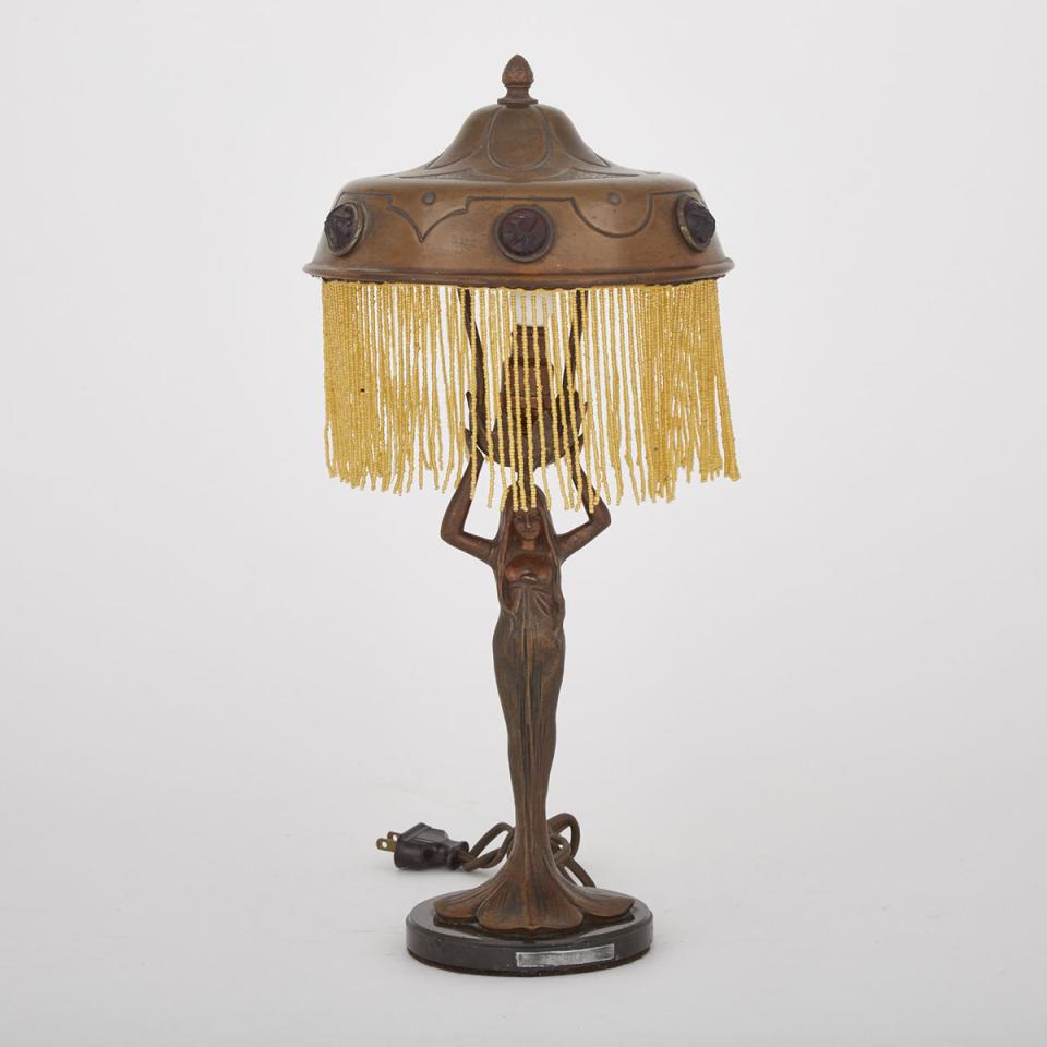 Jules-Emile Leleu (French, 1883-1961) Art Nouveau Patinated White Metal and Brass Chunk Jewel Table Lamp, early 20th century