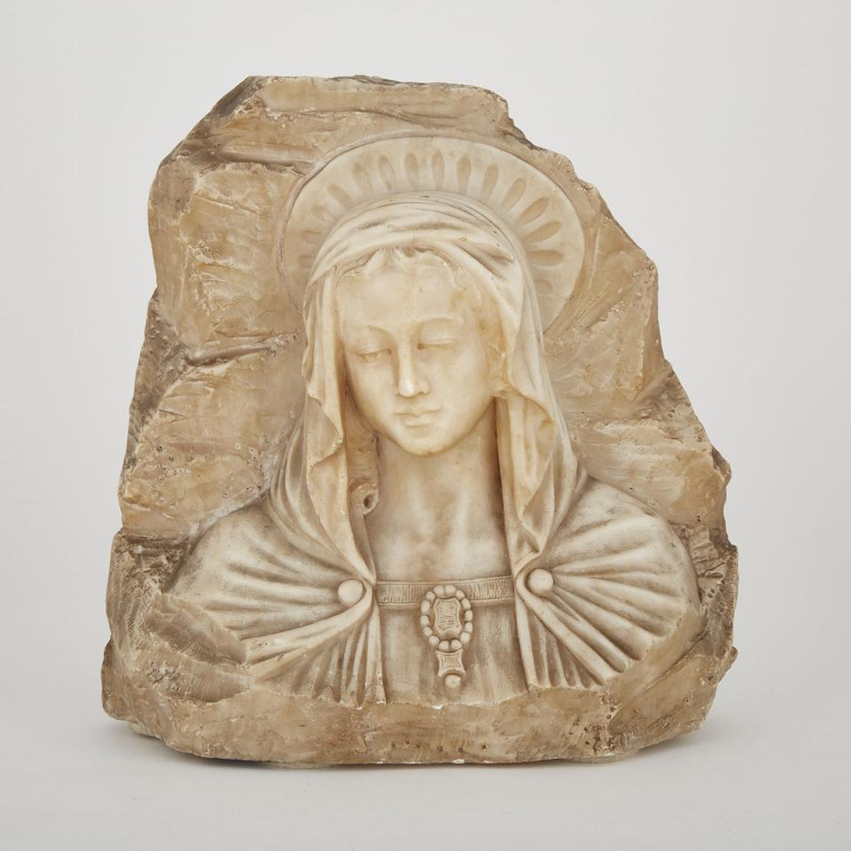 Italian Relief Carved Alabaster Bust of the Madonna, 19th century